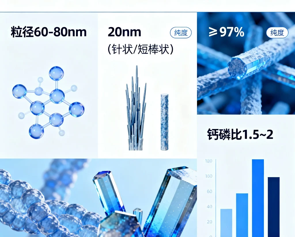 纳米羟基磷灰石，粒径60 80nm 20nm（针状 短棒状） ≥97